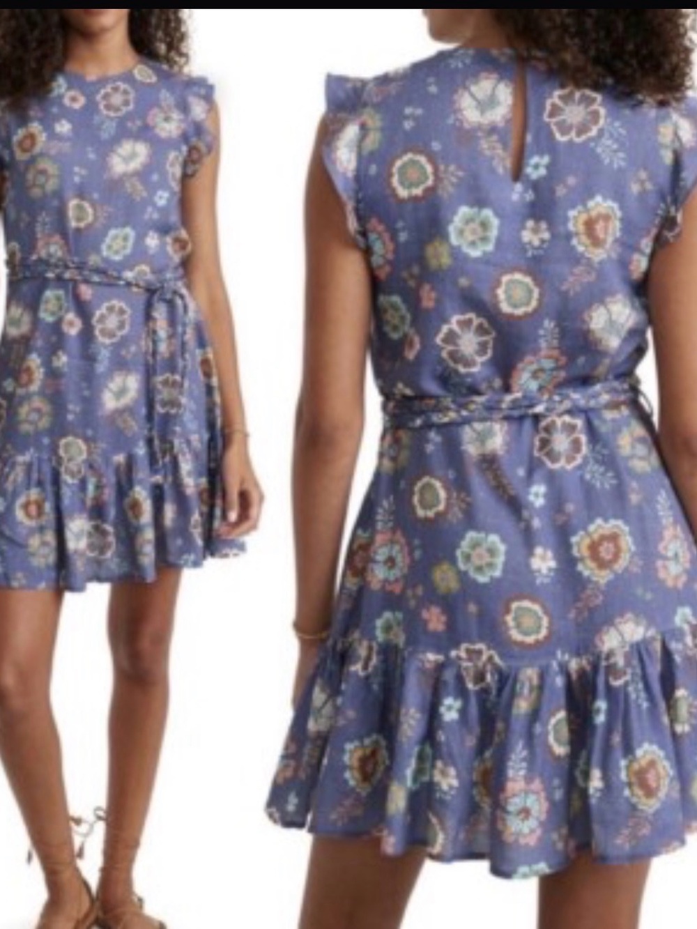 Marine Layer Lavender-Blue Floral Ruffle Tie Mini Dress